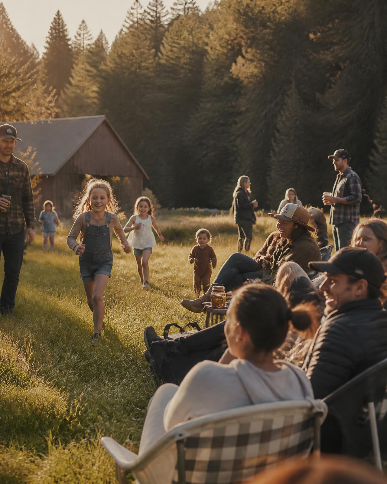 Friends and families spending a summer afternoon on the ranch meadow